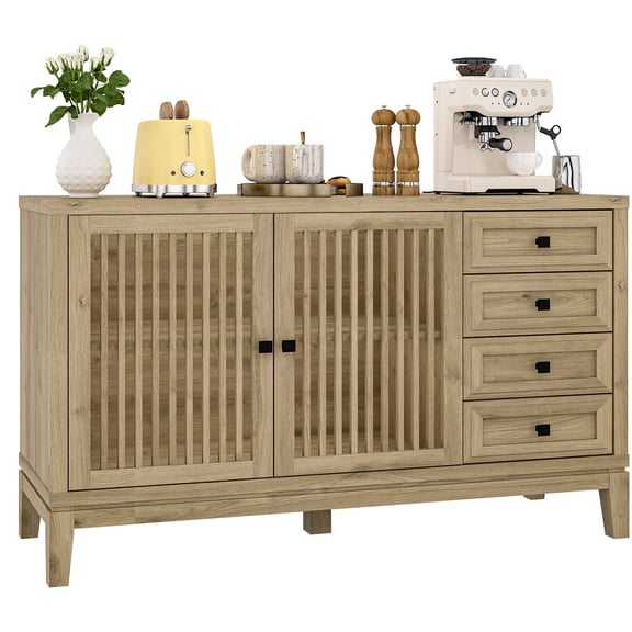 FIAKOA 47" Farmhouse Buffet Cabinet with Storage, Nature Sideboard Cabinet with Grille-Striped Doors & Adjustable Shelf, Kitchen Coffee Bar Credenza for Dining Room