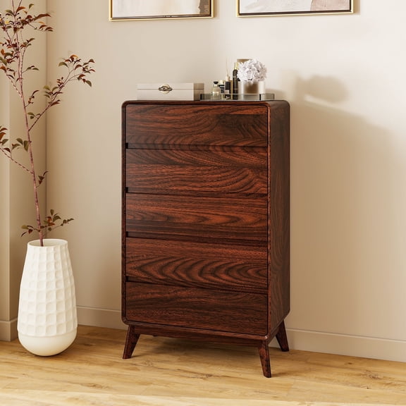 FIAKOA 50” Tall 5 Drawer Dresser for Bedroom,Farmhouse Storage Chest of Drawers for Livingroom , Walnut Brown