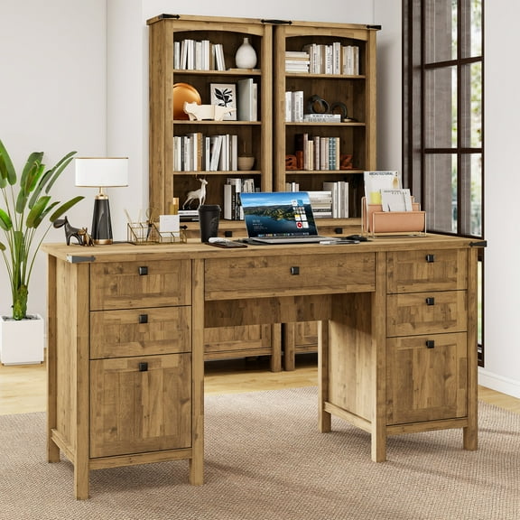 FIAKOA 62" Executive Desk, Modern Farmhouse Computer Desk with Drawers & Cabinet,Home Office Desk Writing Workspace for Work Study,Brown