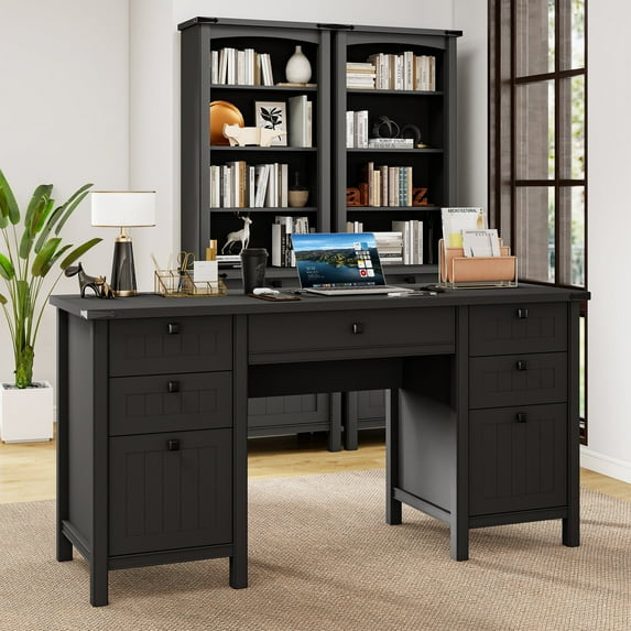 FIAKOA 62" Executive Desk, Modern Farmhouse Computer Desk with Drawers & Cabinet,Home Office Desk Writing Workspace for Work Study,Black