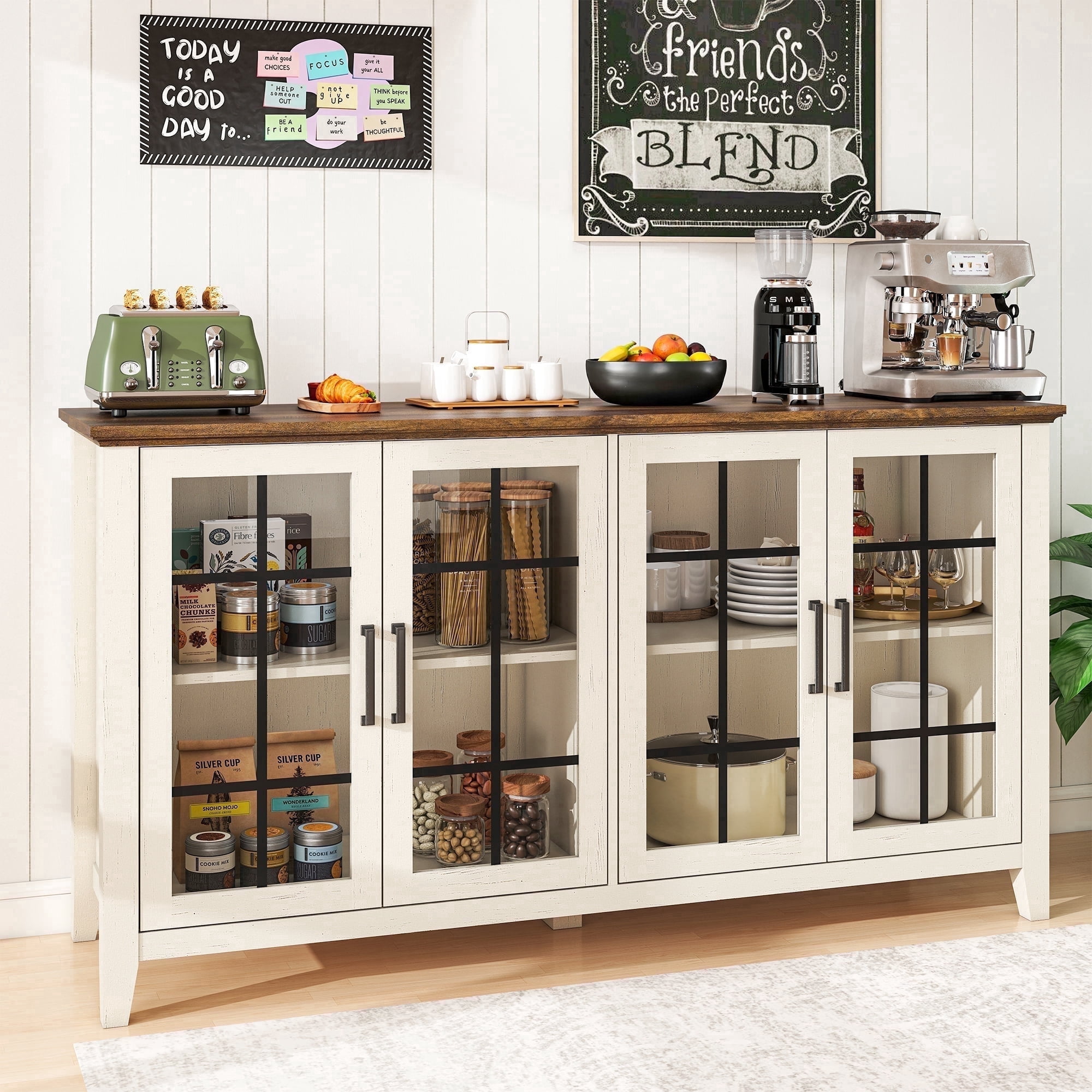FIAKOA Farmhouse Buffet 63 inch, Glass Front Sideboard with — free download