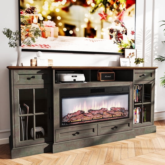 FIAKOA 70” electric Fireplace TV Stand for 75" TVs, Fireplace Entertainment Center with LED Lights,Wood TV Stand with 34" Fireplace for Living Room, Espresso