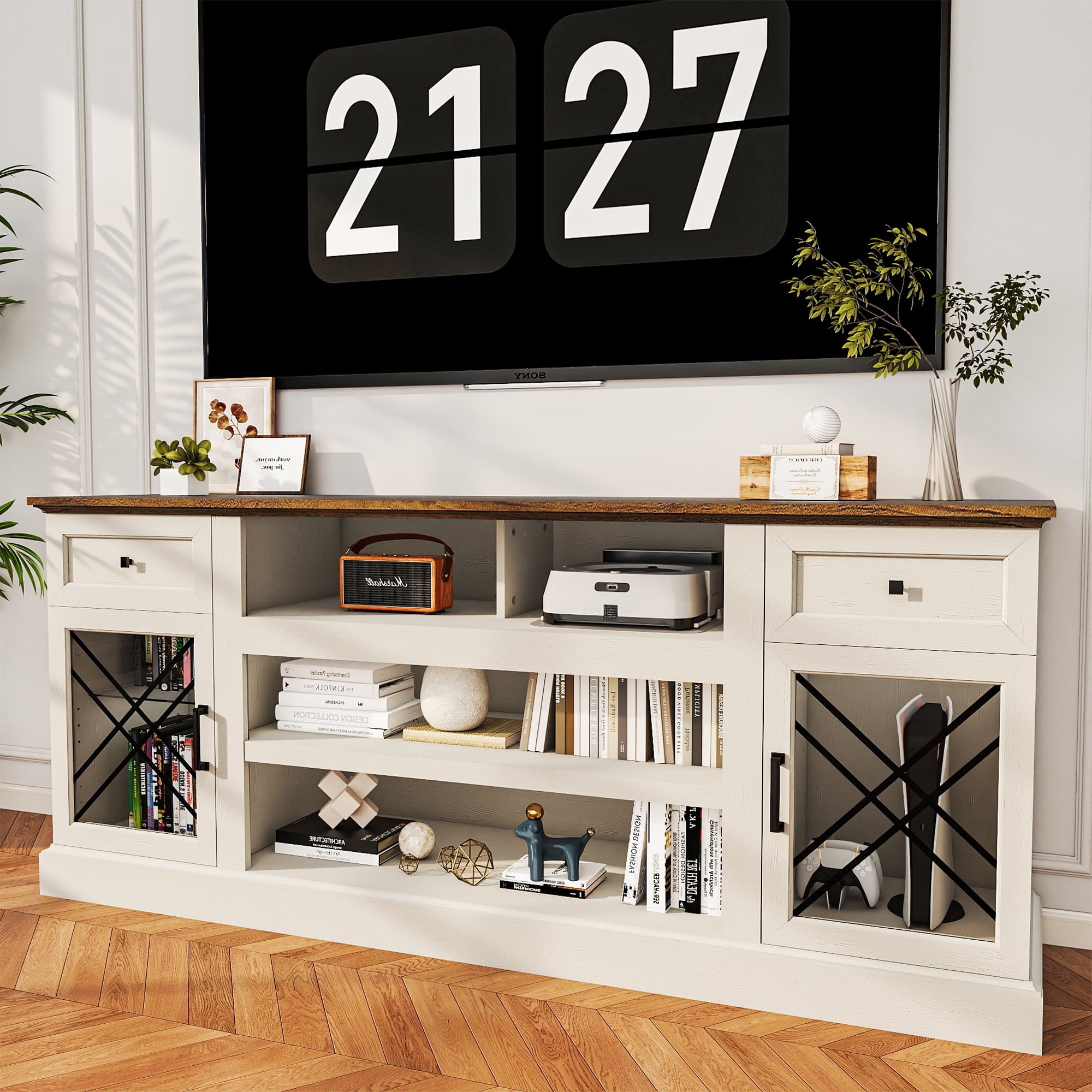 FIAKOA 70 inch Farmhouse TV Stand for 75 inch TV, White Entertainment Center with LED Lights & Power Outlet, Modern Media Console Table for Living Room