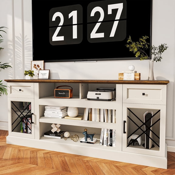 FIAKOA 70 inch Farmhouse TV Stand for 75 inch TV, White Entertainment Center with LED Lights & Power Outlet, Modern Media Console Table for Living Room