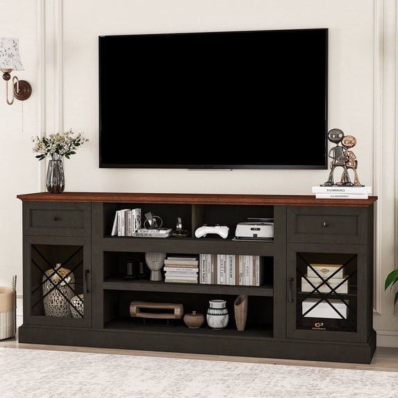 FIAKOA 70 inch Farmhouse TV Stand for 80 inch TV, Modern Entertainment Center with LED Lights, Wooden TV Stand Table with Glass Doors for Living Room (Dark Grey)