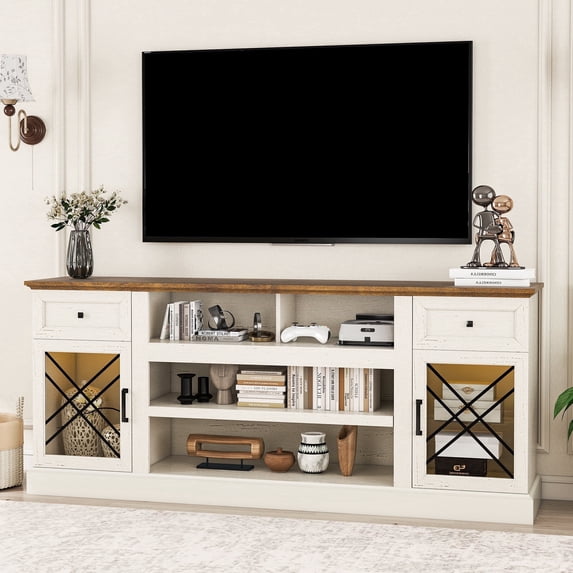 FIAKOA 70 inch Farmhouse TV Stand Table for 75 80 inch TV, Modern Entertainment Center with LED Lights and Glass Doors, Wooden White TV Stands for Living Room