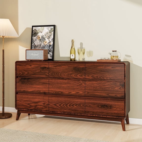 FIAKOA 9 Drawer Dresser for Bedroom, 63” W. Wood Farmhouse Tall Storage Chest of Drawers for Livingroom, Walnut Brown