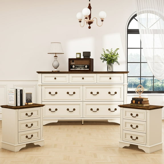 FIAKOA Bedroom Dresser and Nightstand set,Wood Furniture Set for Bedroom with Spacious Storage, 3pc, White