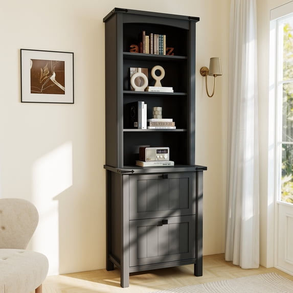 FIAKOA Bookshelf 4 Tier Book Shelf, 71" Tall Bookcase with Drawer Storage Large Bookshelves Farmhouse Bookcases Library Book Case for Living Room Bedroom Home Office Kitchen (Black)