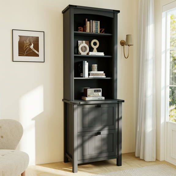 FIAKOA Bookshelf 4 Tier Book Shelf, 71" Tall Bookcase with Drawer Storage Large Bookshelves Farmhouse Bookcases Library Book Case for Living Room Bedroom Home Office Kitchen (Black)