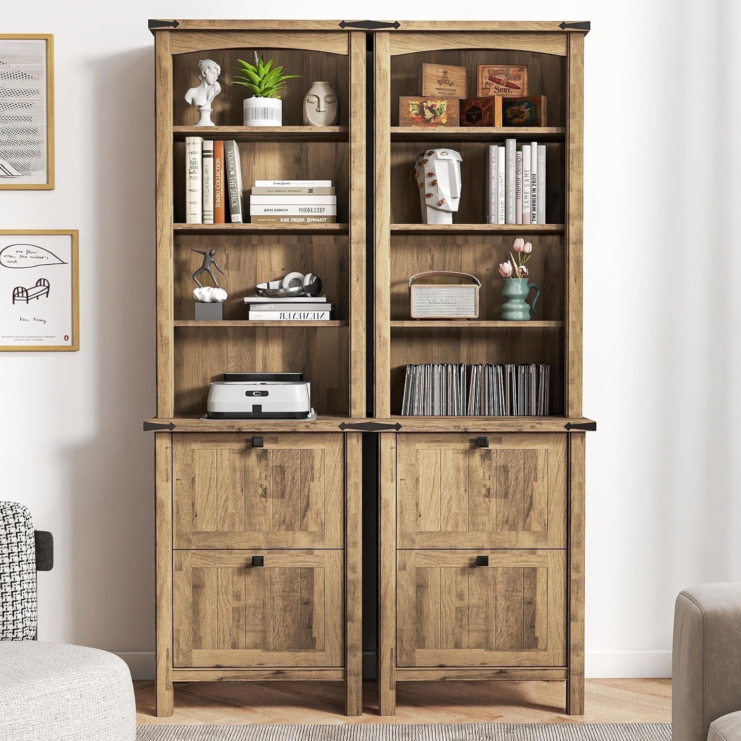FIAKOA Bookshelf Set of 2, 71" Tall Rustic Wood Bookcases with Adjustable Shelves and File Drawers, Farmhouse Bookshelves for Home Office or Living Room(Natural Wood)