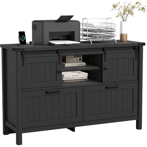 FIAKOA Farmhouse 2-Drawer Lateral File Cabinet, Filing Cabinet with Sliding Doors & Charge Station, Printer Stand Cabinets for Home Office, Black