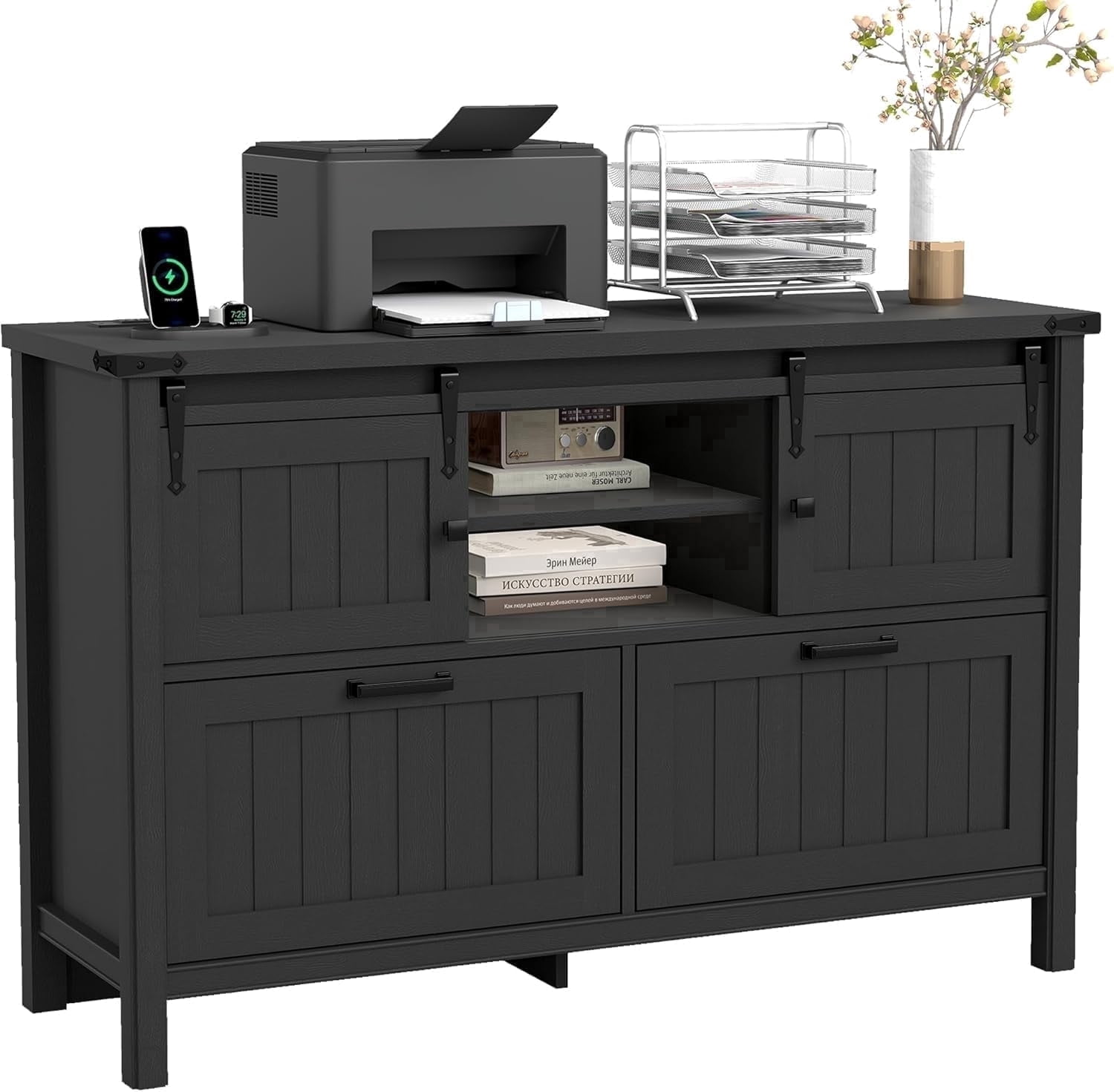 FIAKOA Farmhouse 2-Drawer Lateral File Cabinet, Filing Cabinet with Sliding Doors & Charge Station, Printer Stand Cabinets for Home Office, Black