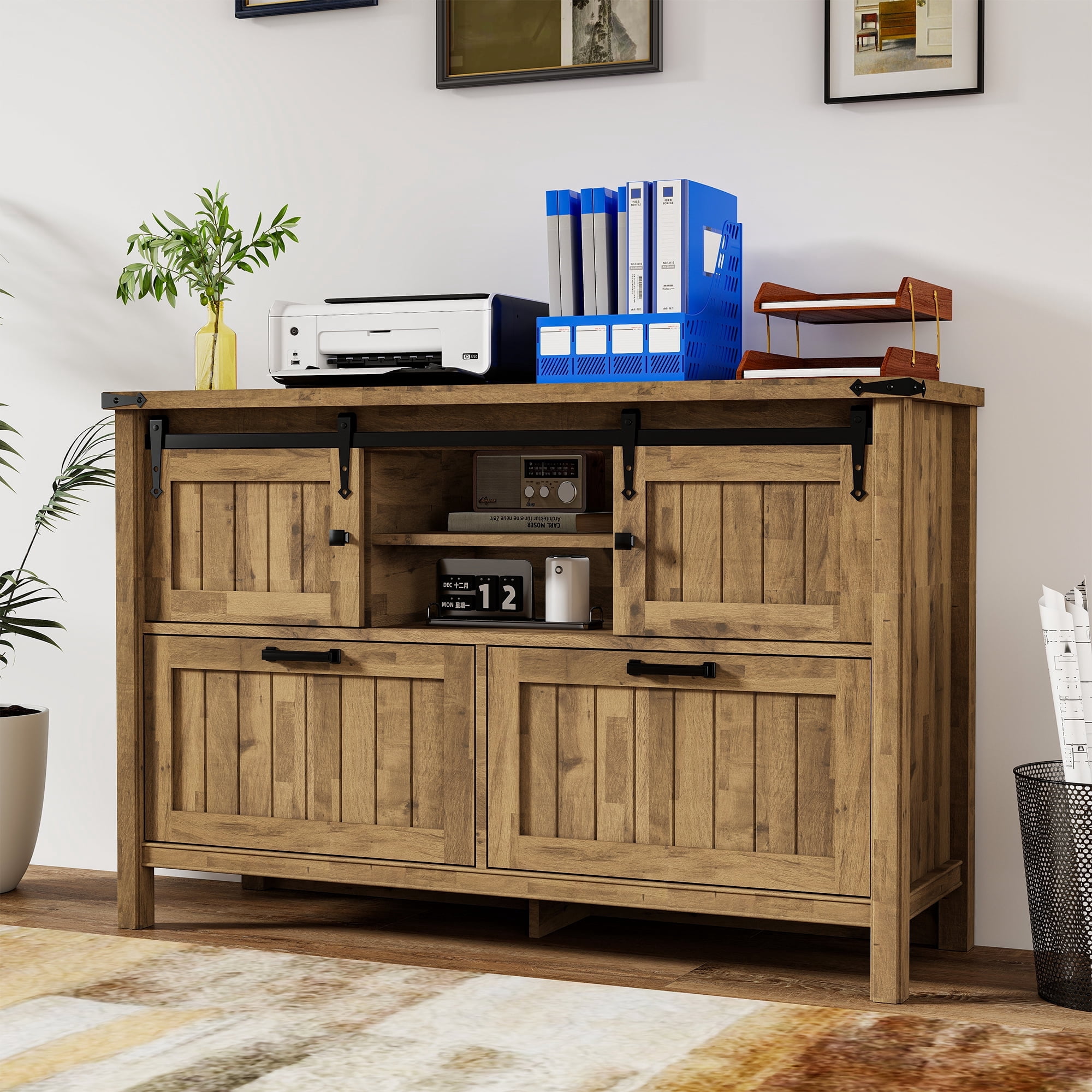 FIAKOA Farmhouse 2-Drawer Lateral File Cabinet, Filing Cabinet with Sliding Doors & Charge Station, Printer Stand Cabinets for Home Office, Brown