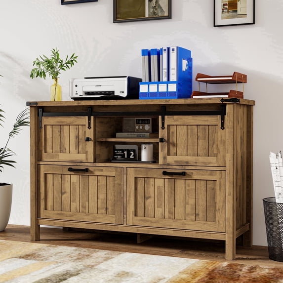 FIAKOA Farmhouse 2-Drawer Lateral File Cabinet, Filing Cabinet with Sliding Doors & Charge Station, Printer Stand Cabinets for Home Office, Brown