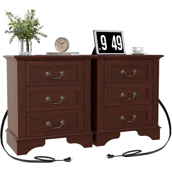 FIAKOA Farmhouse 3 Drawer Nightstand set of 2 for Bedroom, Rustic Bedside Table for Livingroom, Walnut Brown