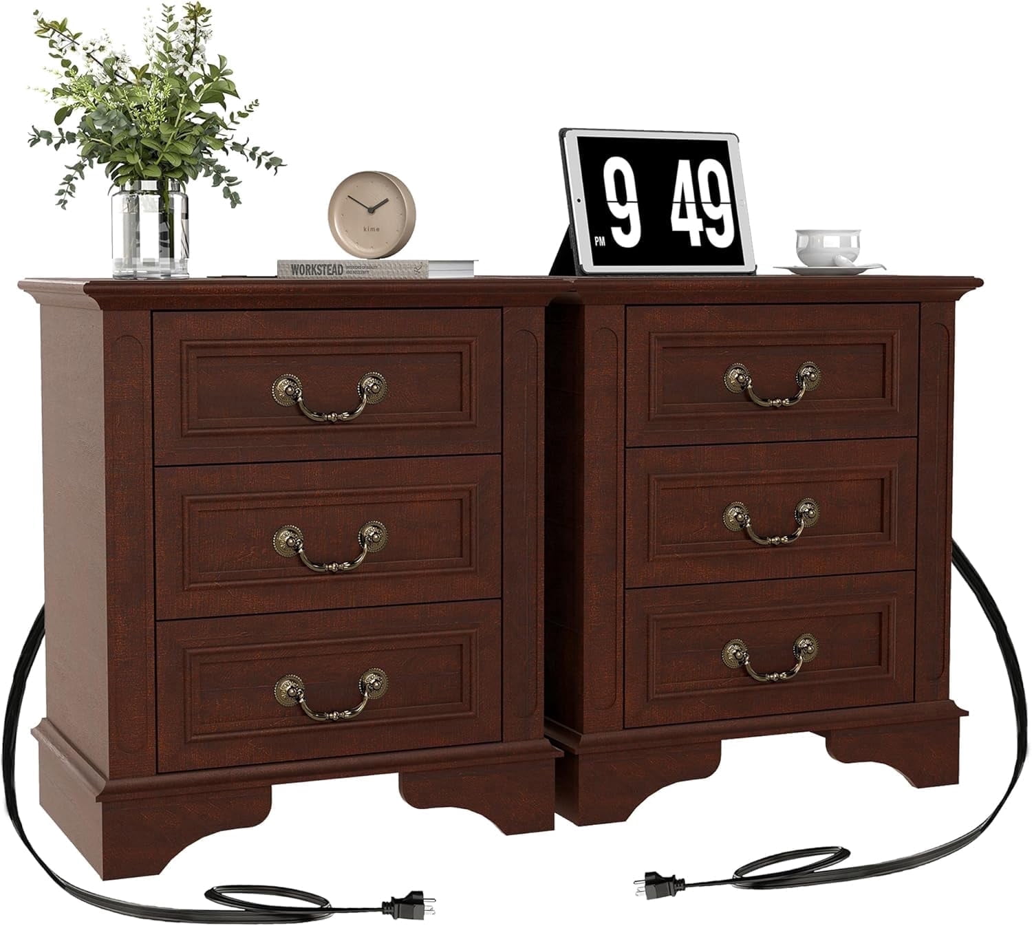 FIAKOA Farmhouse 3 Drawer Nightstand set of 2 for Bedroom, Rustic Bedside Table for Livingroom, Walnut Brown
