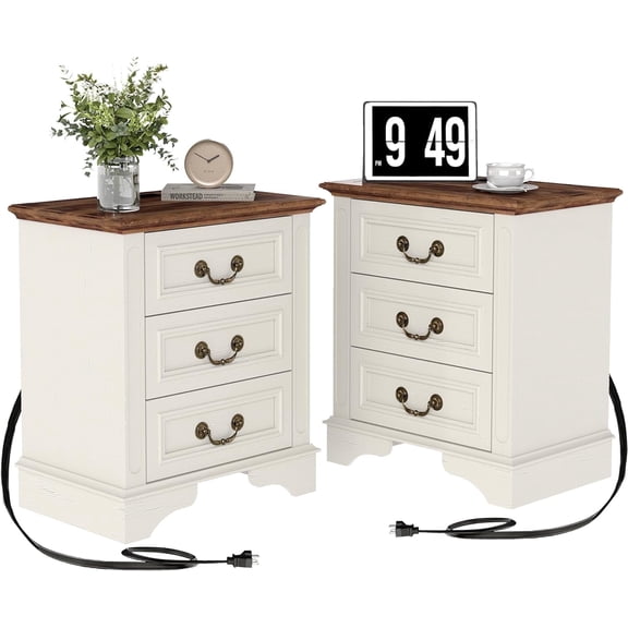 FIAKOA Farmhouse 3 Drawer Nightstand set of 2 for Bedroom, Rustic Bedside Table for Livingroom, White