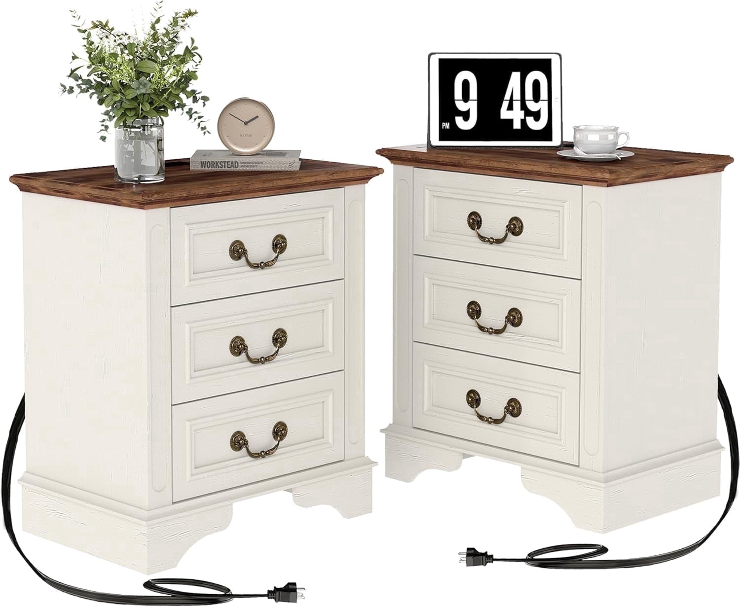 FIAKOA Farmhouse 3 Drawer Nightstand set of 2 for Bedroom, Rustic Bedside Table for Livingroom, White