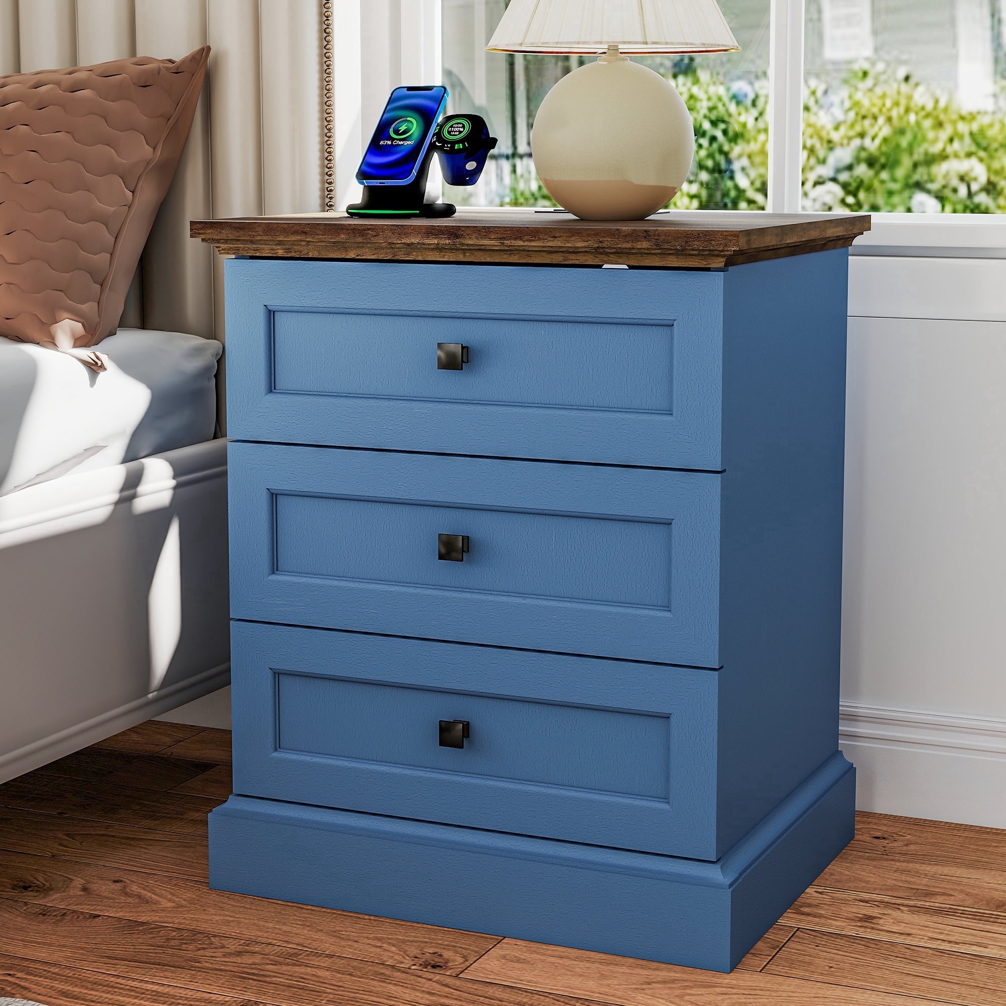 Blue Night by Jason DeLancey…インテリアフレーム FIAKOA Farmhouse Night Stand with Charging Station, Rustic Bed