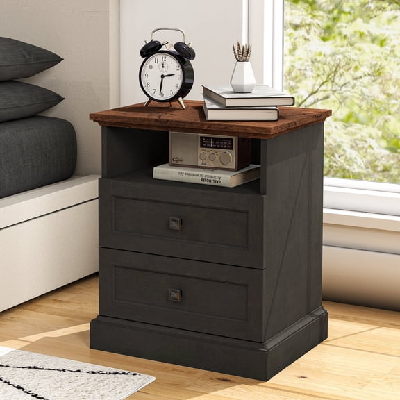 FIAKOA Night Stand with Charging Station,Bedside Table with 2 Drawers Storage and Open Shelf, Nightstand with Outlets, Modern Wood End Table for Bedroom Office (1, Espressor)