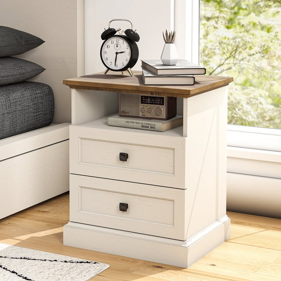 FIAKOA Night Stand with Charging Station, Bedside Table with 2 Drawers Storage and Open Shelf,White Nightstand with Outlets, Modern Wood End Table for Bedroom Office