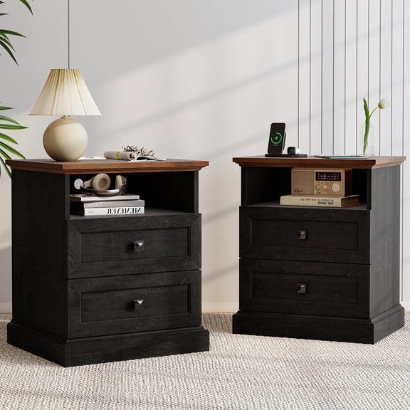 FIAKOA Night Stand Set of 2 with Charging Station,Bedside Table with 2 Drawers Storage and Open Shelf,Nightstand with Outlets, Modern Wood End Table for Bedroom Office, Espresso