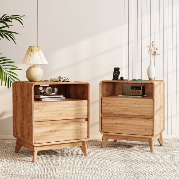 FIAKOA Nightstands Set of 2 with Charging Station, Modern Bedside Tables with 2 Drawers, Round Corner Night stand for Bedroom, Living Room, Small Spaces