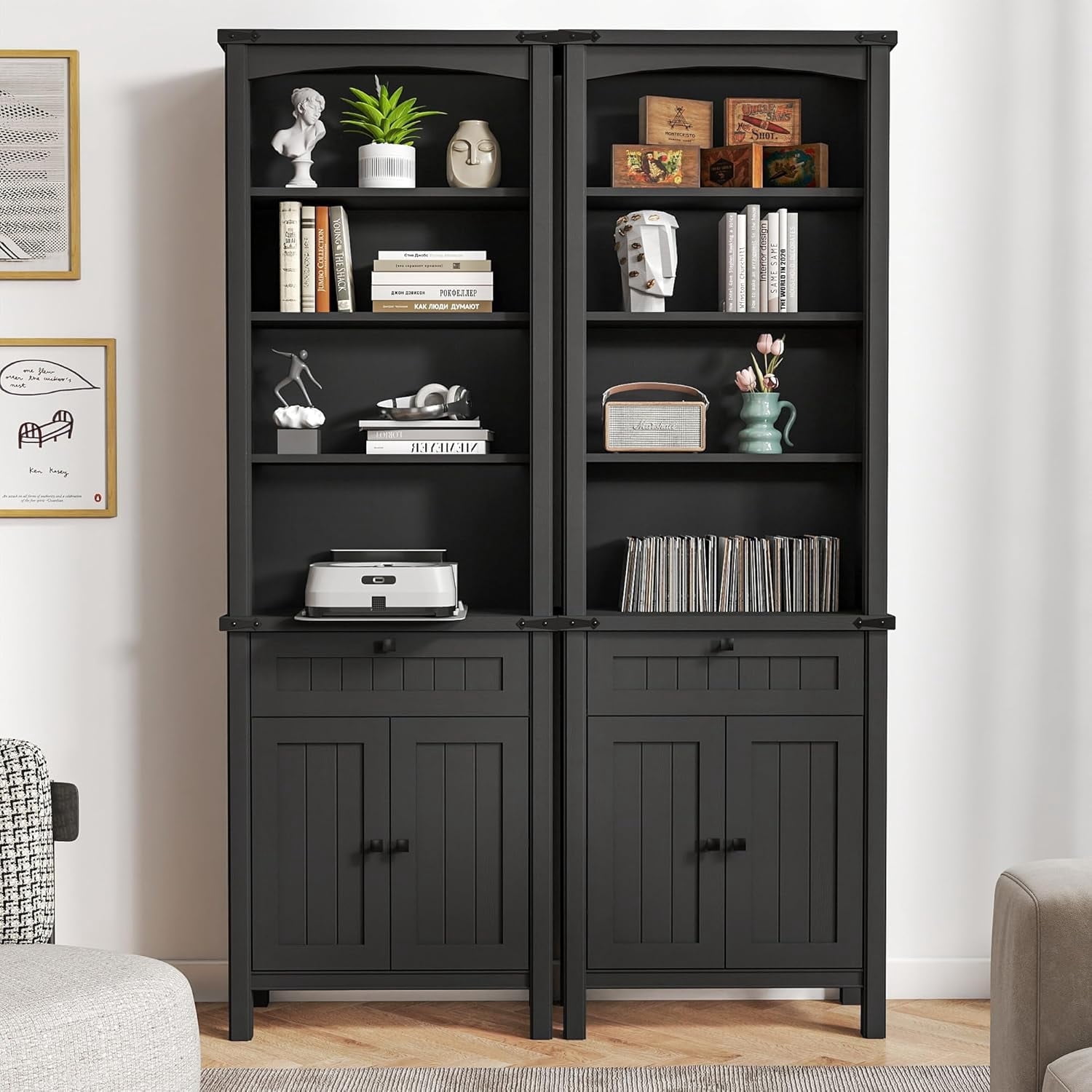 FIAKOA Rustic Bookshelves Set of 2, 71" Tall Wood Bookcase with Adjustable Shelves, 2 Cabinet Doors and Drawers, Farmhouse Display Storage for Living Room or Office(Black)