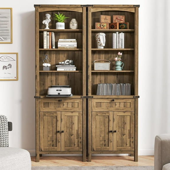 FIAKOA Rustic Bookshelves Set of 2, 71" Tall Wood Bookcase with Adjustable Shelves, 2 Cabinet Doors and Drawers, Farmhouse Display Storage for Living Room or Office(Natural Wood)