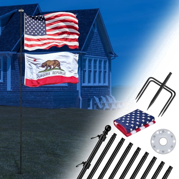 FIASON 1 Pack 12 FT Black Stainless Steel Tangle Free Heavy Duty Flag Pole with Solar Light and American Flag,Include 5 Pronges Base for Outside House Ground Flag Pole or Commercial Flag Poles Kit