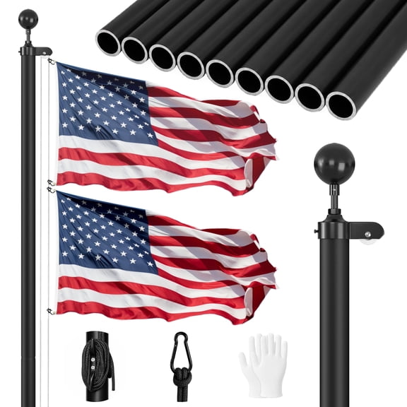 FIASON 1 Pack 25FT Extra Tall Black In Ground Flag Pole Kit, Heavy Duty Aluminum Outdoor Flagpole with 2x3x5 FT American Flags, All Metal Hardware for Large Yard, Farm, Commercial Patriotic Decor