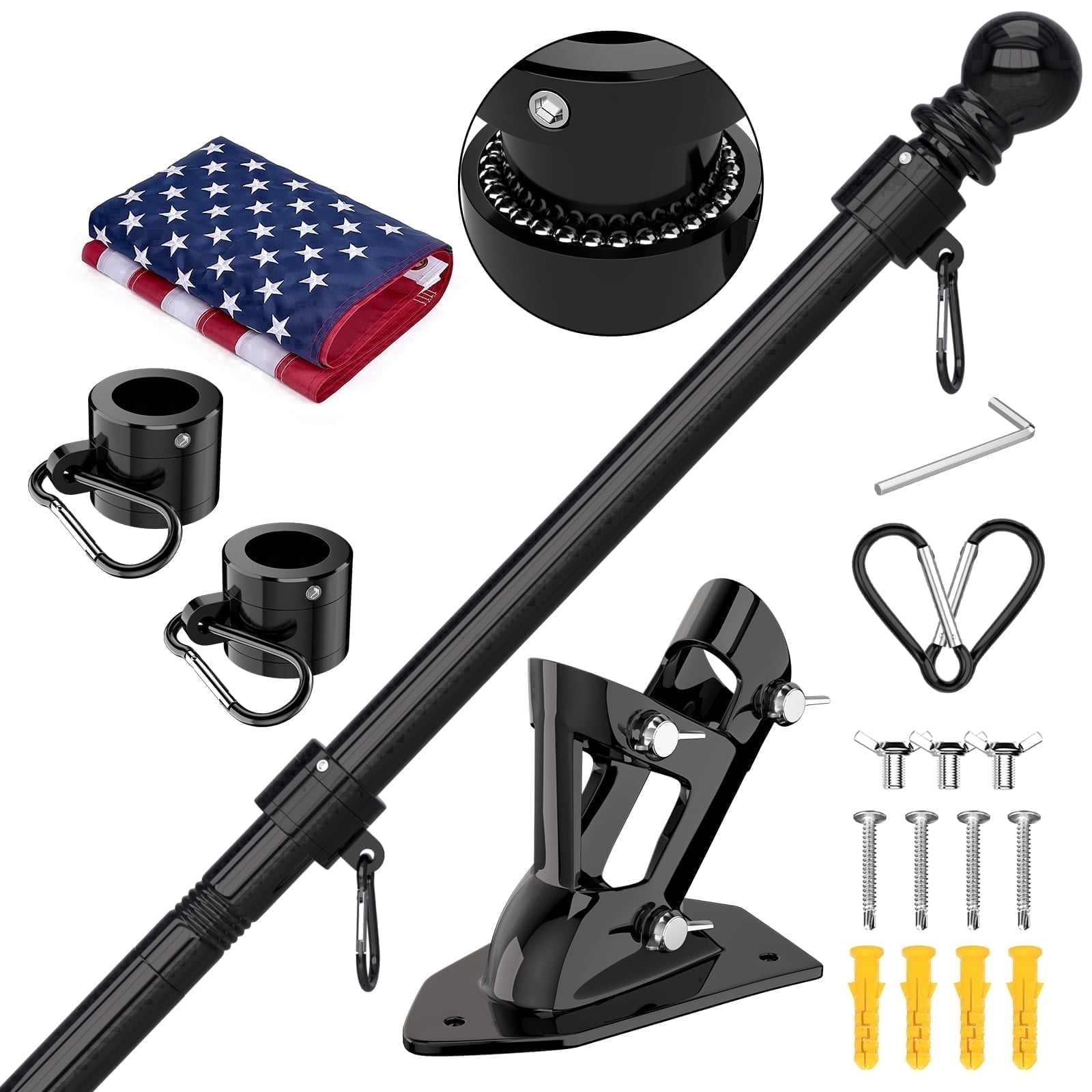 FIASON 5 FT Black Flag Pole Kit with 3x5Ft US Flag, Tangle-Free Rotating Rings, Adjustable 45°/90° Bracket, Heavy Duty Stainless Steel for Outside House Porch