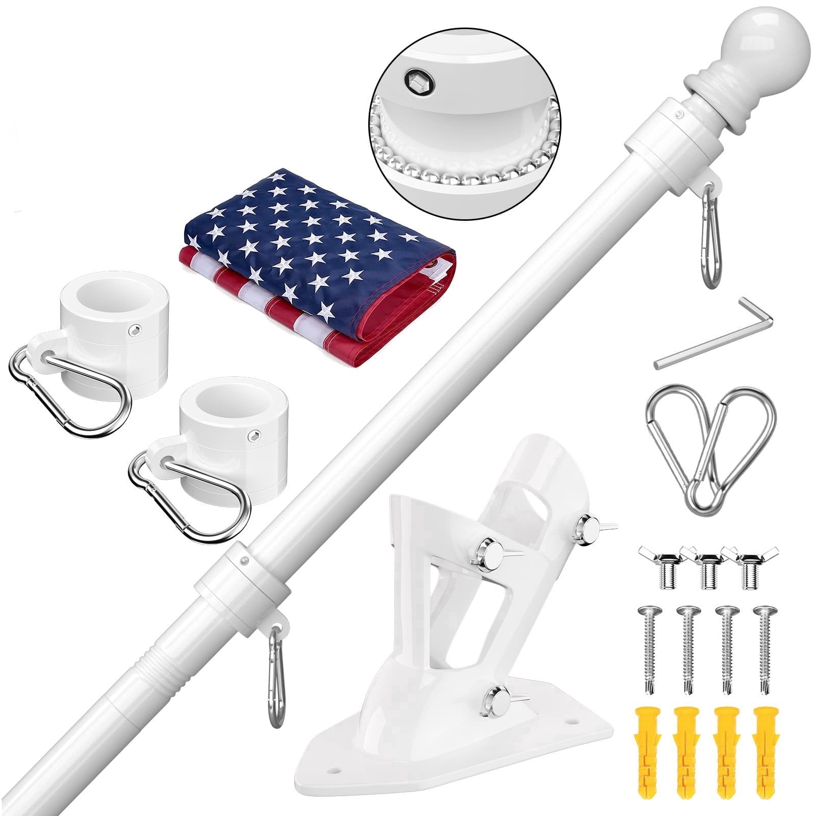 FIASON 5 FT White Flag Pole Kit with 3x5 Ft US Flag, Tangle-Free 360° Rotating Rings, Adjustable 45°/90° Bracket, Heavy Duty Stainless Steel for Outside House Porch