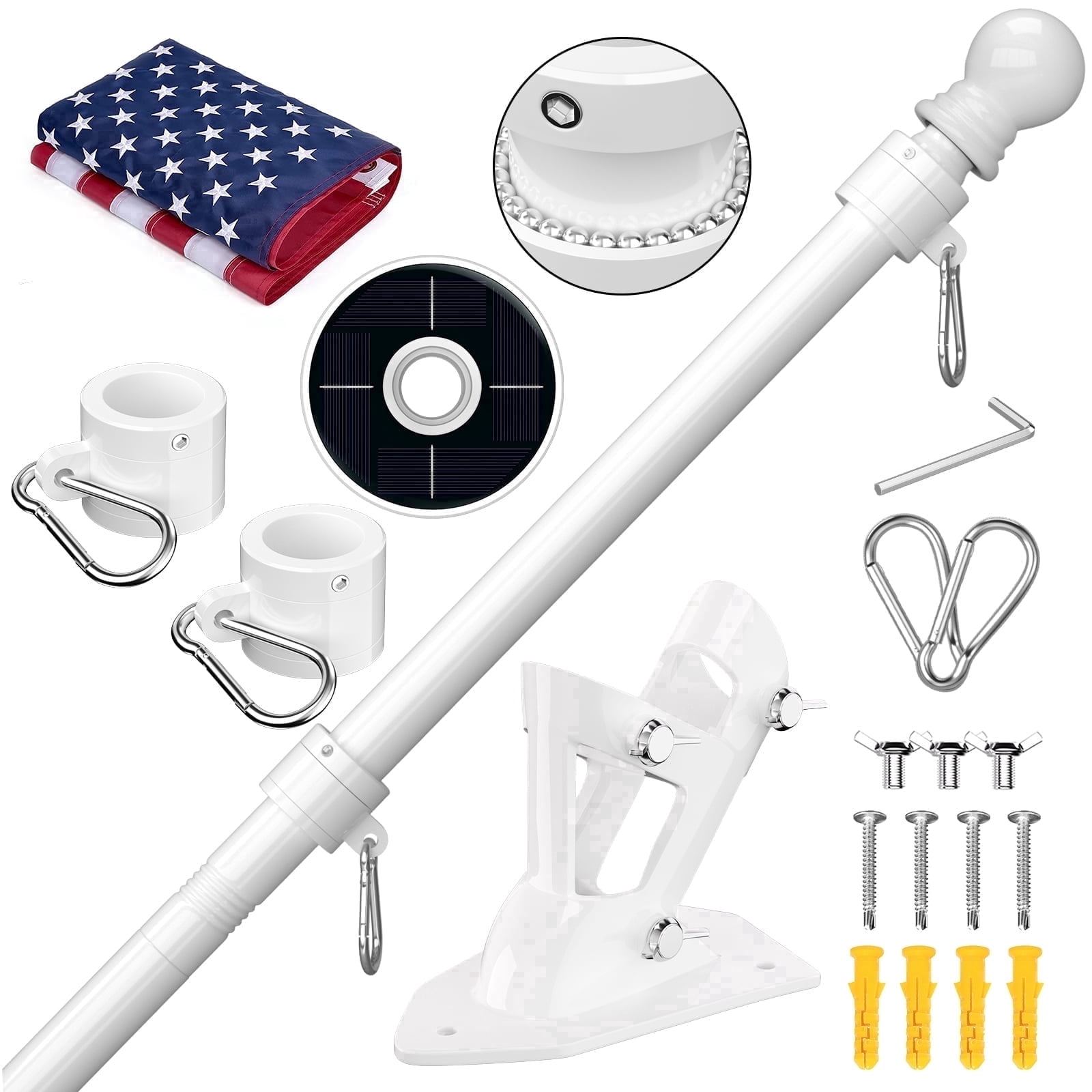 FIASON 5 FT White Flag Pole Kit with Solar Light & 3x5Ft US Flag, Tangle-Free Rotating Rings, Adjustable Bracket, Heavy Duty Stainless Steel for Outside House Porch