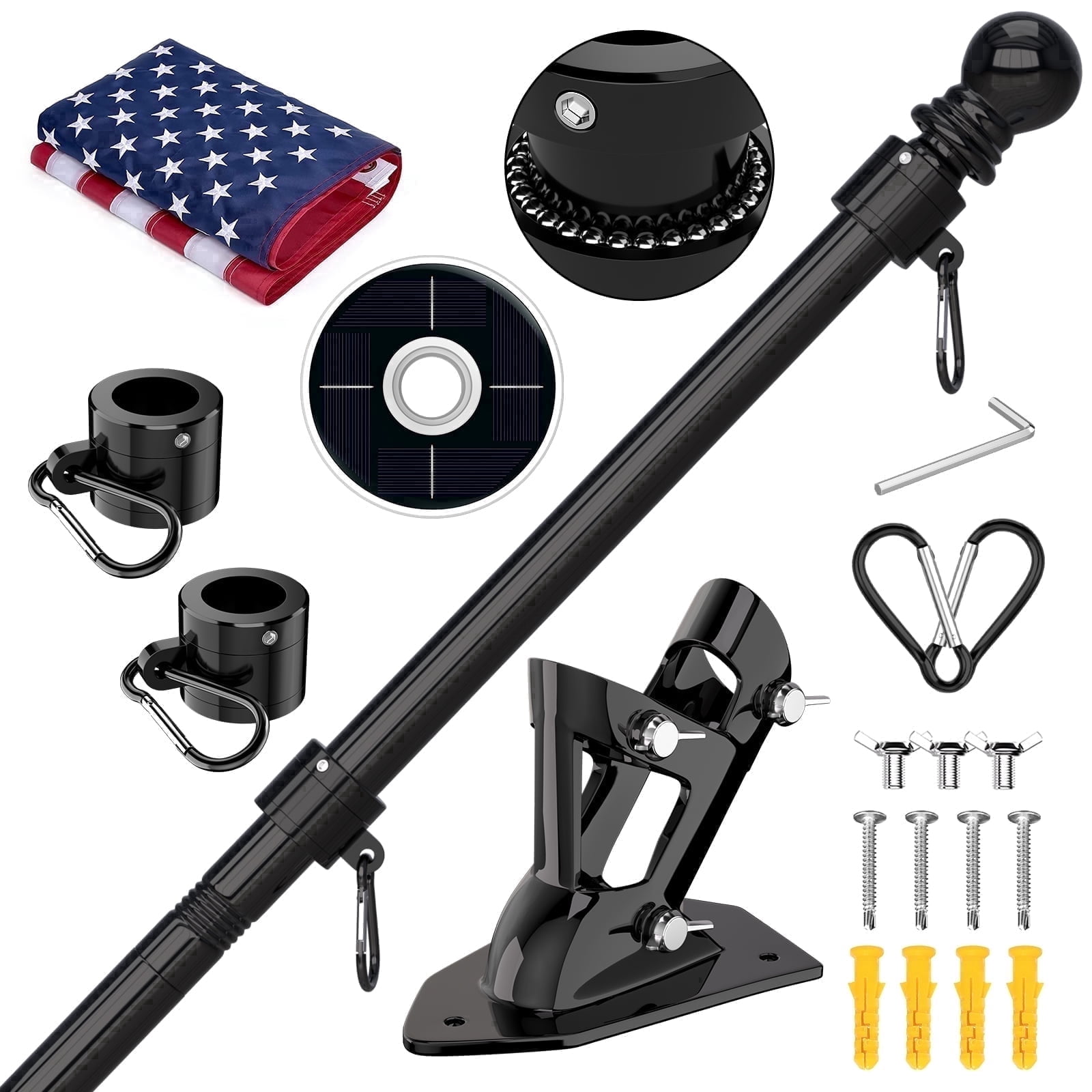 FIASON 6 FT Black Flag Pole Kit with Solar Light & 3x5Ft US Flag, Tangle-Free Rotating Rings, Adjustable Bracket, Heavy Duty Stainless Steel for Outside House Porch