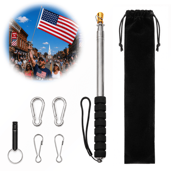 FIASON 1 Pack 8.2FT Black Telescoping Handheld Flag Pole, 10-Section Stainless Steel with 4 Clips, Safety Whistle & Velvet Bag, Fits 2x3/3x5/4x6 Flags for Holiday Parades Patio Garden Decor, No Flag