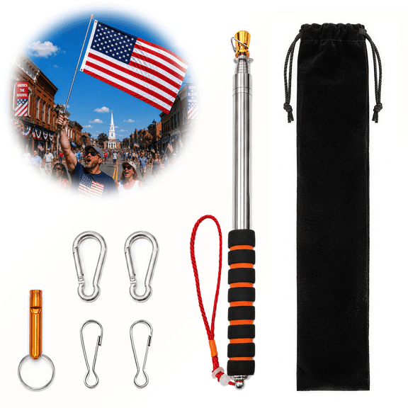FIASON 1 Pack 8.2FT Orange Black Telescoping Handheld Flag Pole, 10-Section Stainless Steel with 4 Clips, Orange Whistle & Velvet Bag, Fits 2x3/3x5/4x6 Flags for Parades Garden Patio Decor, No Flag