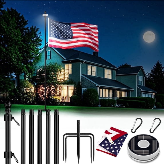 FIASON 1 Pack 8 FT Black Stainless Steel Flag Pole, Heavy Duty Tangle-Free Flagpole with Solar Light, American Flag & 5-Prong Base, In-Ground Kit for Yard Garden Commercial Outdoor Use