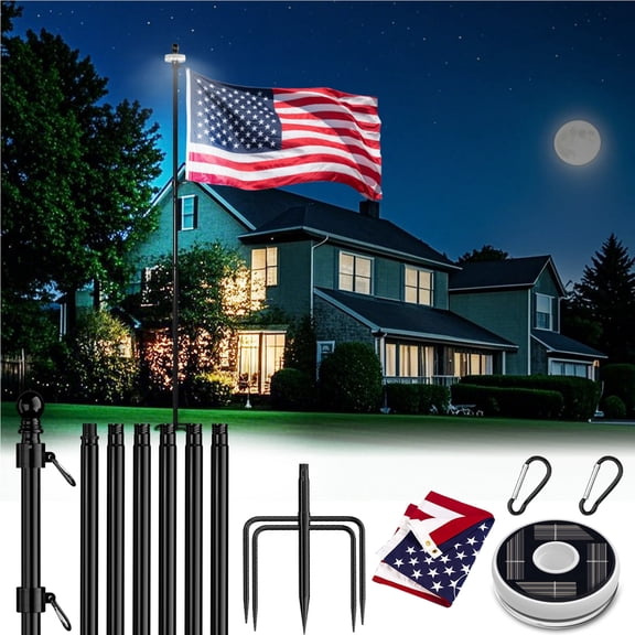 FIASON 1 Pack 9 FT Black Stainless Steel Flag Pole, Heavy Duty Tangle-Free Flagpole with Solar Light, American Flag & 5-Prong Base, In-Ground Kit for Yard Garden Commercial Outdoor Use
