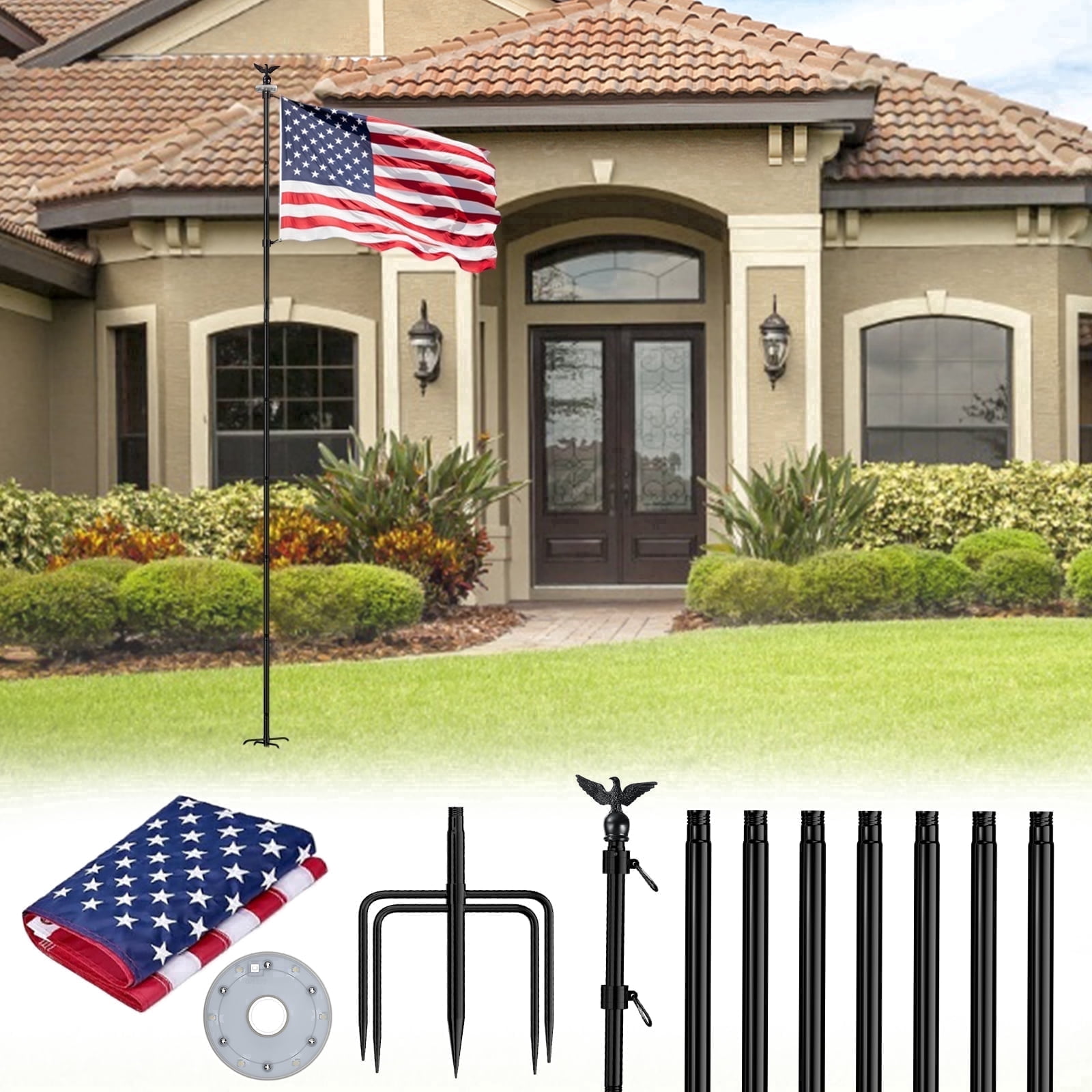 FIASON 10 FT Black Heavy Duty Tangle-Free Flag Pole, In-Ground Kit with Solar Light, American Flag, Eagle Topper & 5-Prong Base for Yard Garden Outdoor Use