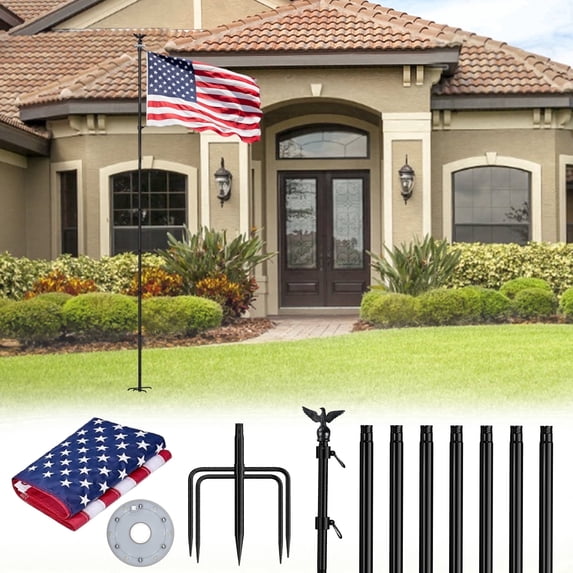 FIASON 10 FT Black Heavy Duty Tangle-Free Flag Pole, In-Ground Kit with Solar Light, American Flag, Eagle Topper & 5-Prong Base for Yard Garden Outdoor Use