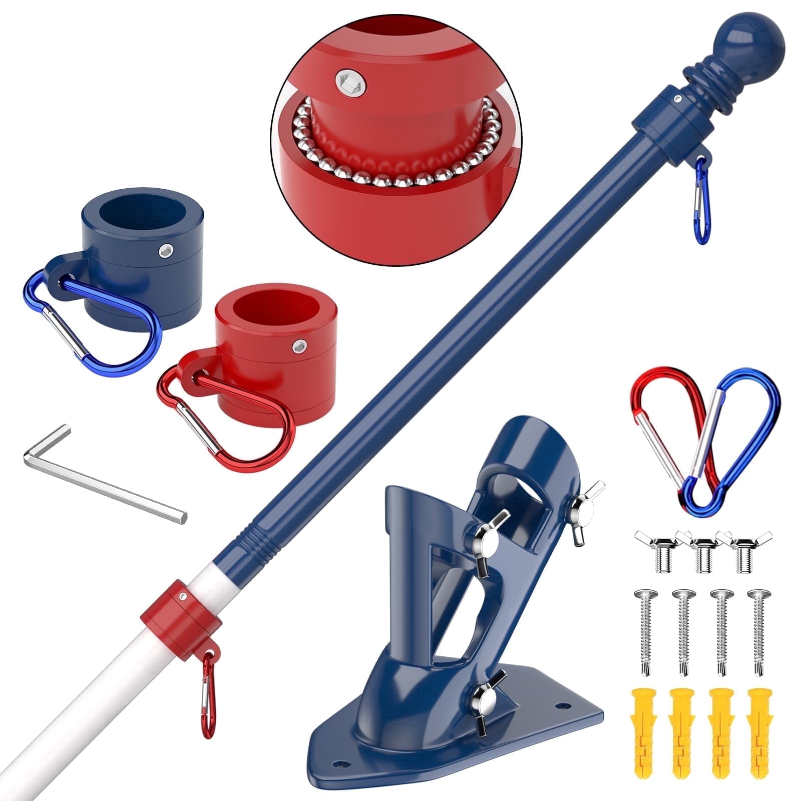 FIASON 1 Pack 6 FT Blue/White/Red Stainless Steel Tangle Free Wall-Mounted Flag Pole with Upgraded Bracket, Flag Pole Kit for Outside House, Residential or Commercial for American Flag (Without Flag)