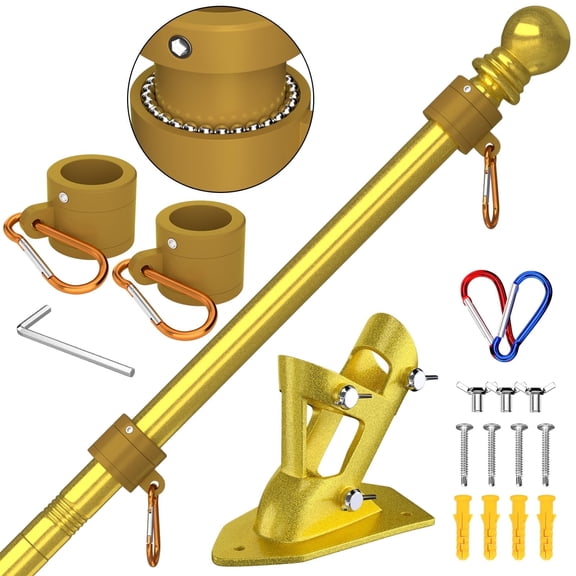 FIASON 1 Pack 5 FT Gold Stainless Steel Tangle Free Wall-Mounted Flag Pole with Upgraded Bracket, Flag Pole Kit for Outside House, Residential or Commercial for American Flag (Without Flag)