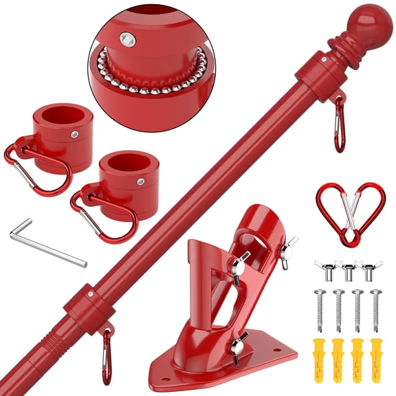 FIASON 5 FT Red Stainless Steel Tangle Free Wall Mounted Flag Pole with Upgraded Bracket, Heavy Duty Outdoor Flag Pole Kit for Outside House Porch Yard, Fits 2x3 3x5 4x6 American Flag, No Flag