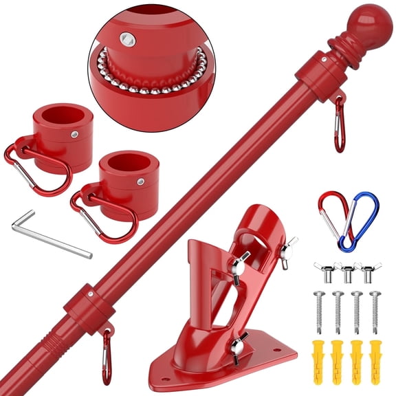 FIASON 1 Pack 5 FT Red Stainless Steel Tangle Free Wall-Mounted Flag Pole with Upgraded Bracket, Flag Pole Kit for Outside House, Residential or Commercial for American Flag (Without Flag)