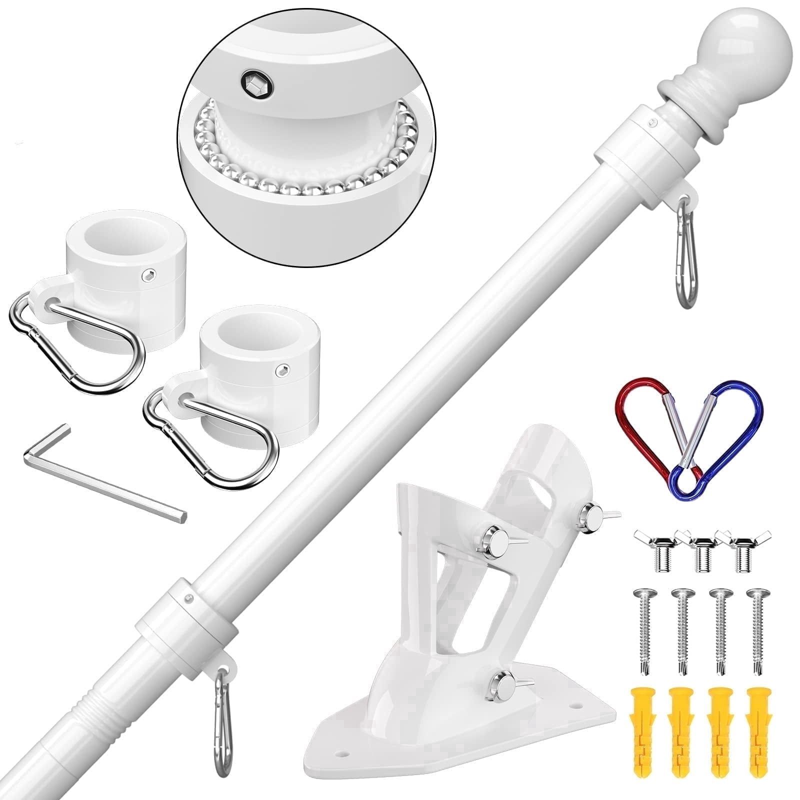 FIASON 1 Pack 5 FT White Stainless Steel Tangle Free Wall-Mounted Flag Pole with Upgraded Bracket, Flag Pole Kit for Outside House, Residential or Commercial for American Flag (Without Flag)