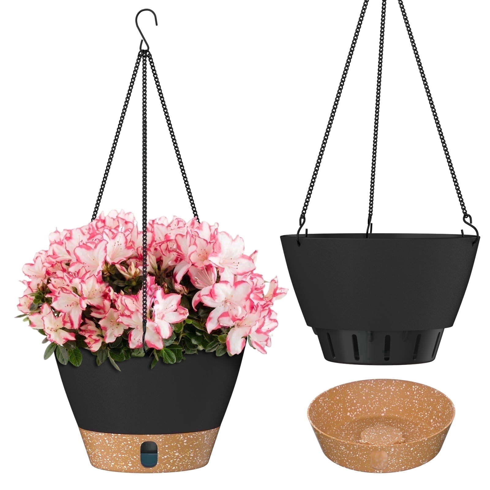 FIASON 2 Pack 10 Inch Matte Black Self-Watering Hanging Planters, Indoor Outdoor Plastic Baskets with Visual Water Level, Drainage Holes & Chain Hanger for Garden Plants