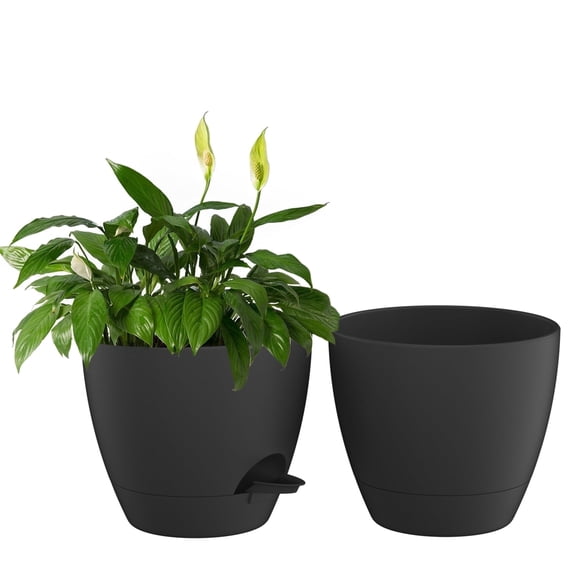 FIASON 2 Pack 10 Inch Matte Black Self Watering Planters, Modern Plastic Plant Pots with Drainage Holes, Detachable Black Base Tray and Watering Lip for Indoor Outdoor Houseplants