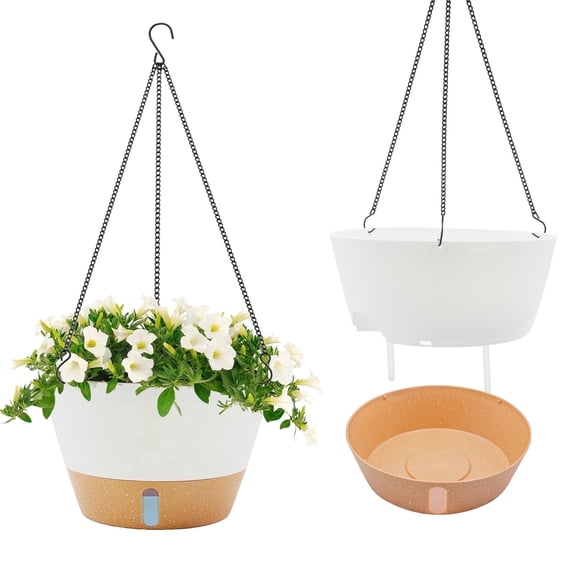 FIASON 2 Pack Plastic 12 Inch White Large Hanging Planter for Indoor & Outdoor Plants, Self Watering Hanging Baskets with Visual Reservoir, Drainage Holes and Plant Hanger